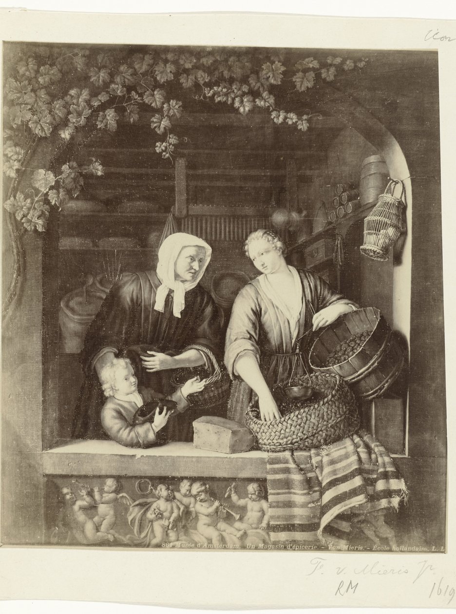 Fotoreproduktion des Gemäldes Die Krämerin von Frans van Mieris II von Anonymous