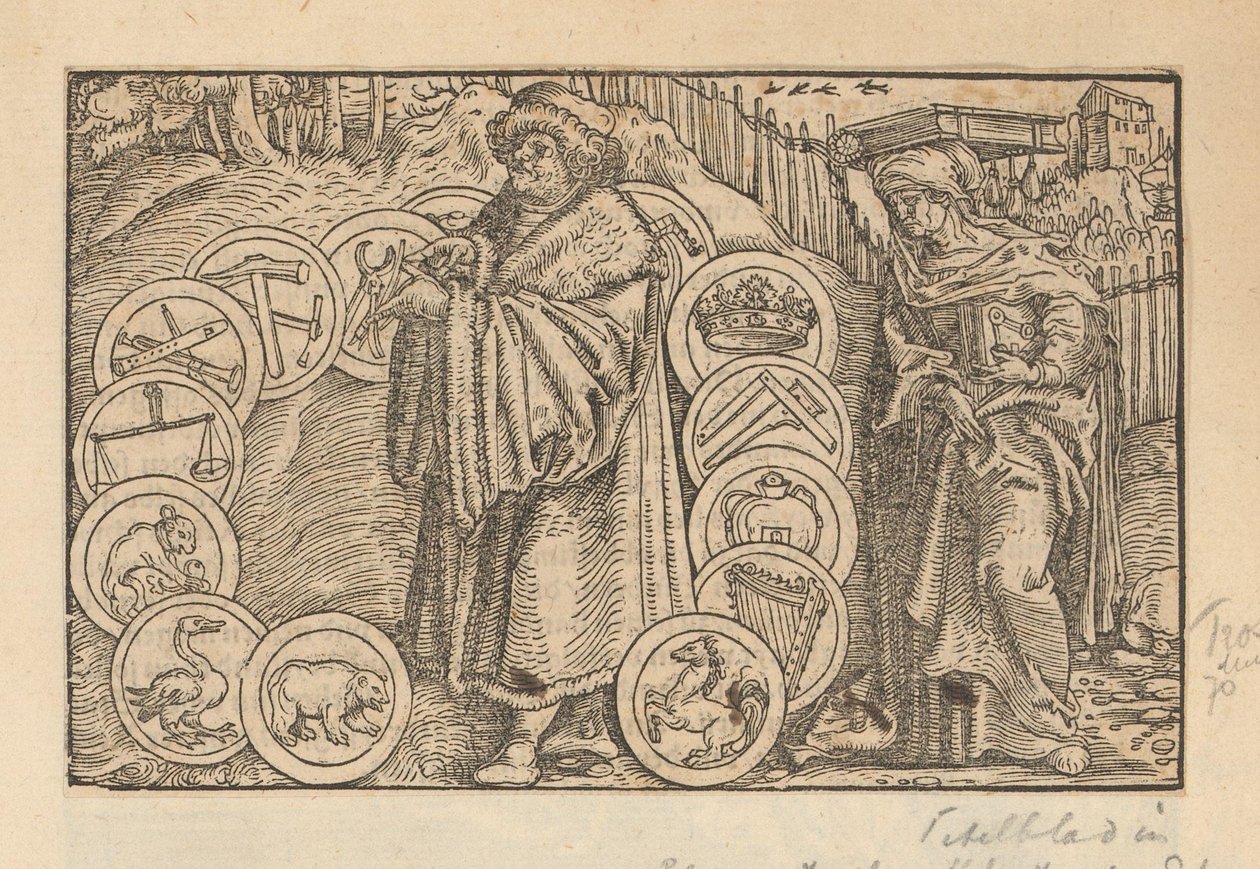 Gelehrter umgeben von Emblemen mit Heraldik und der Personifikation der Weisheit von Anonymous