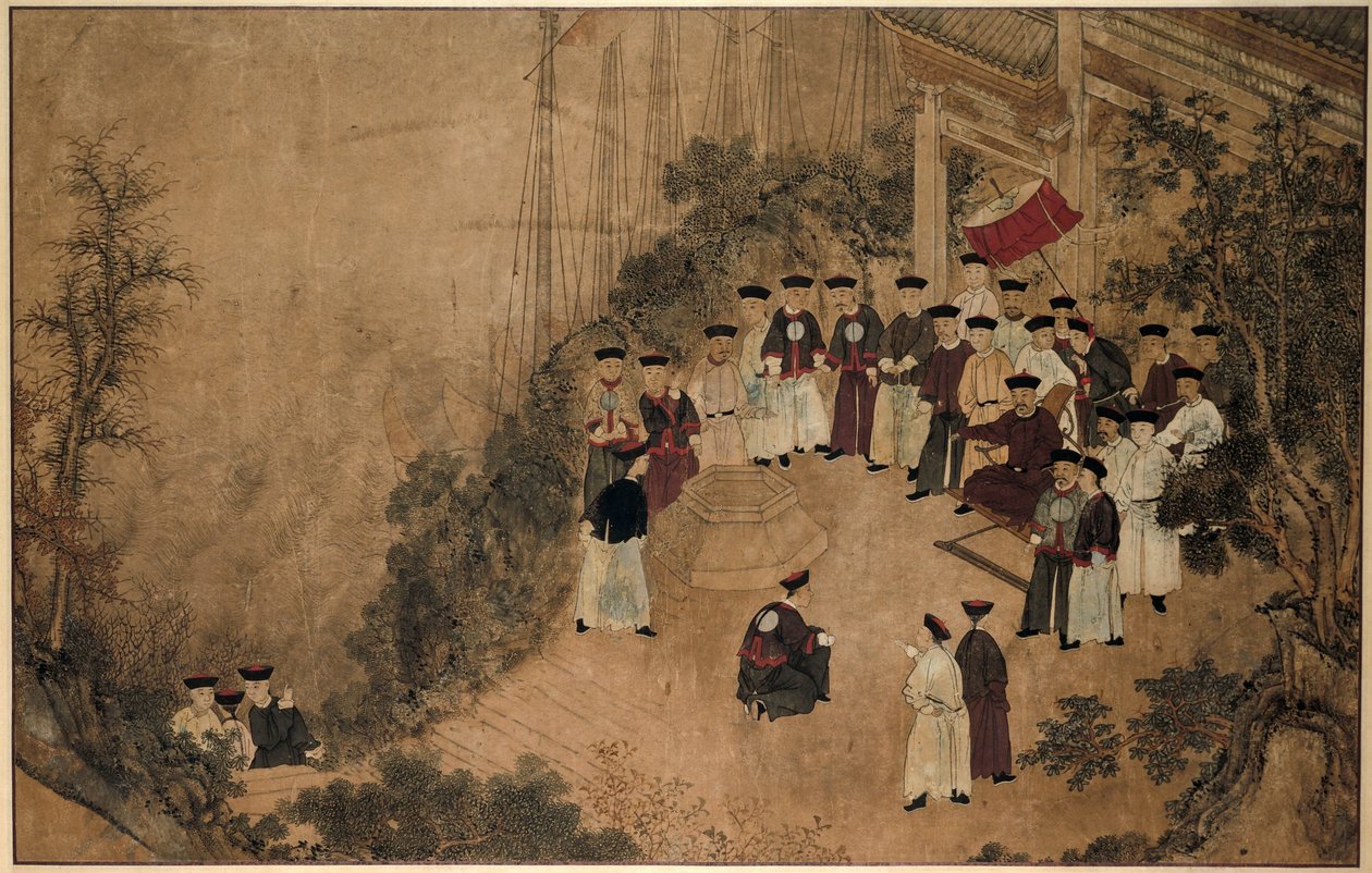 General Shi Lang mit einer Gesellschaft von Würdenträgern an einem Brunnen am Meer von Anonymous