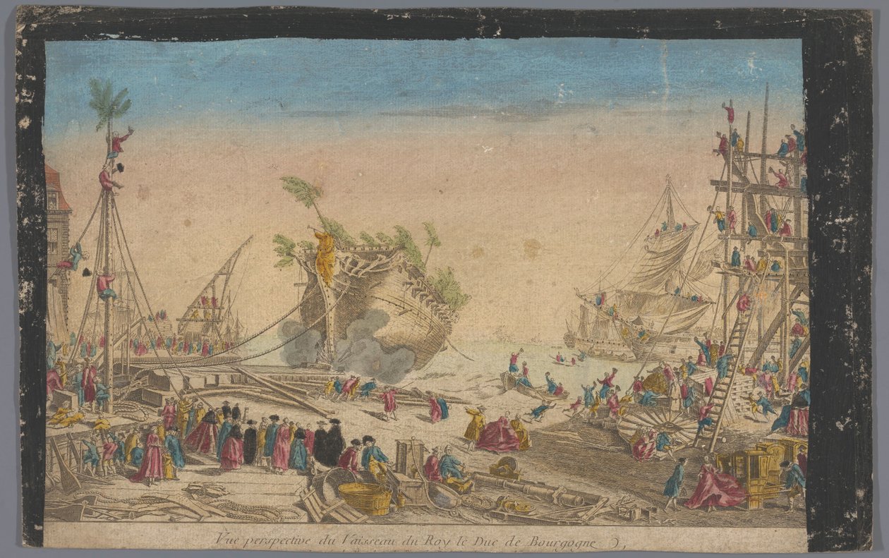Ansicht des Hafens von Rochefort mit dem Stapellauf des Schiffes Duc de Bourgogne am 20. Oktober 1751 von Anonymous
