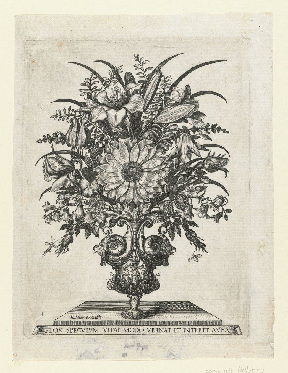 Groteske Vase mit Blumen, darunter eine Sonnenblume von Anonymous