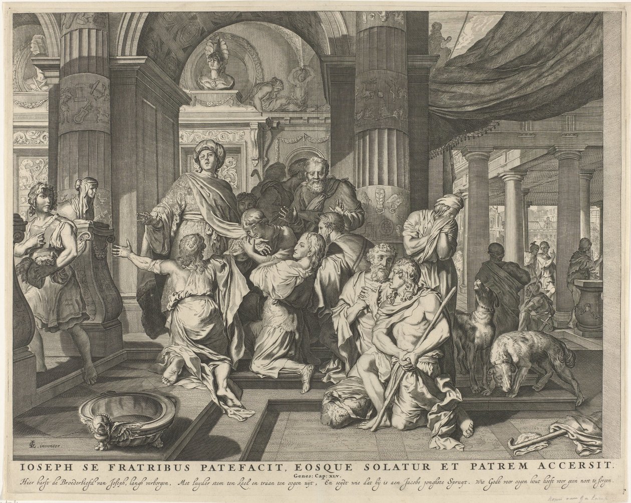 Josef offenbart sich seinen Brüdern (Ioseph se fratribus patefacit, eosque solatur et patrem accersit) (Royaalbijbel) von Anonymous
