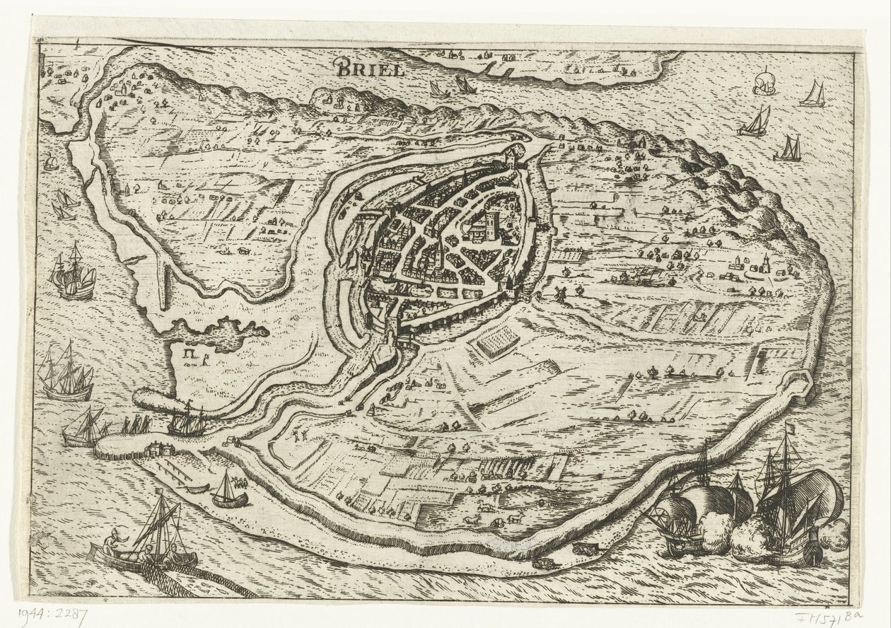 Karte der Insel Voorne und Grundriss von Brielle, 1572 von Anonymous