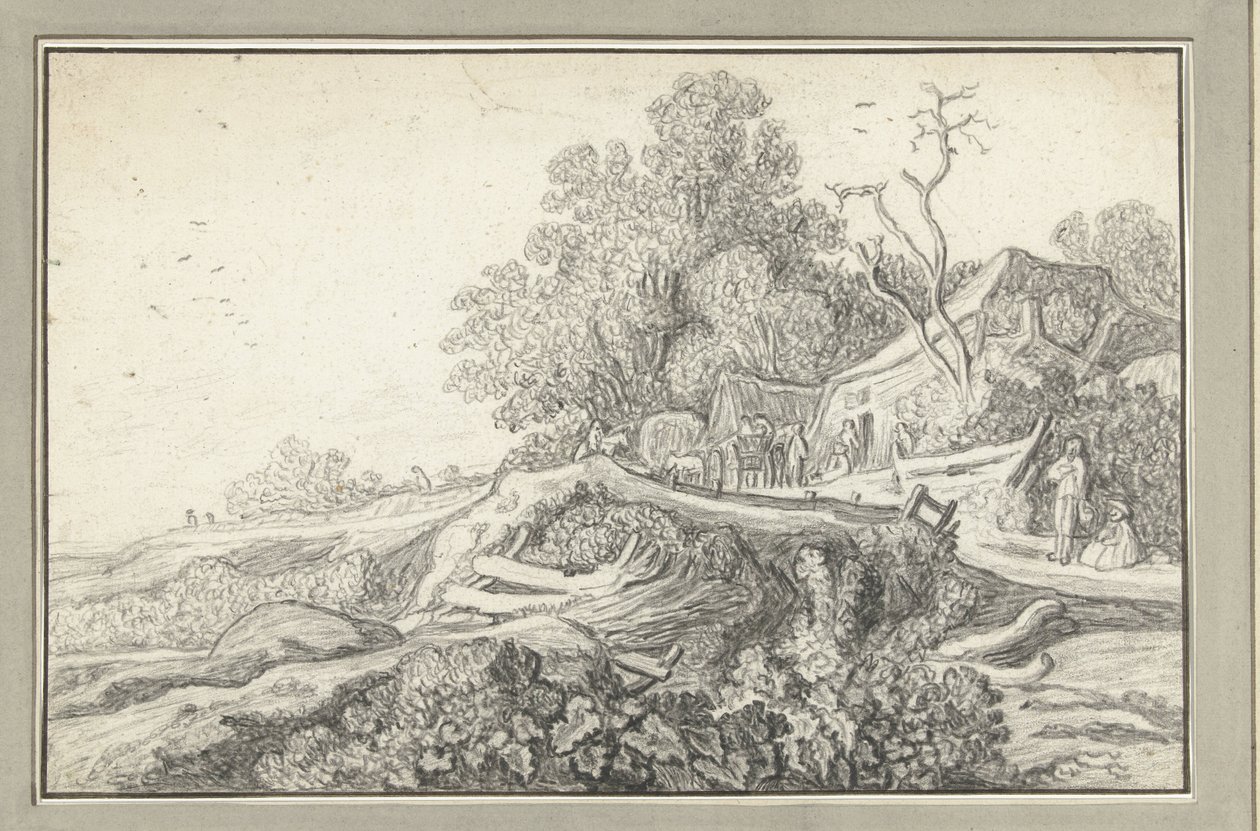 Landschaft mit einem Wagen und Figuren bei einem Bauernhof von Anonymous
