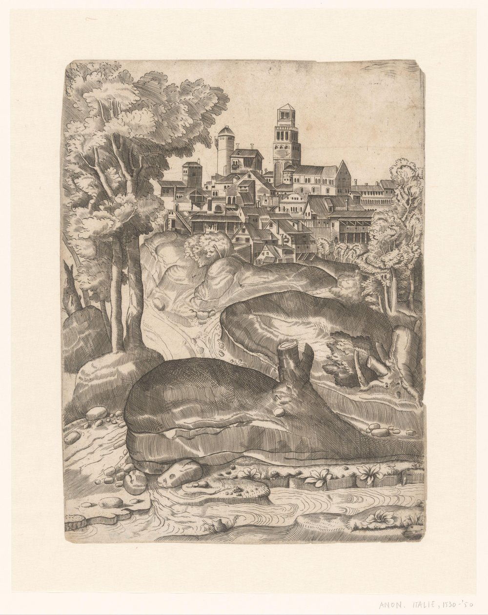 Landschaft mit einem Fluss und einer Stadt auf einem Hügel von Anonymous