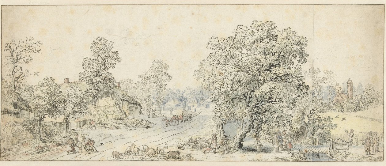 Landschaft mit Spaziergängern, einem Hirten und vielen anderen Figuren von Anonymous