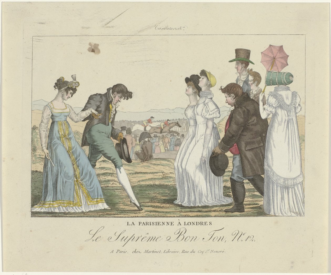 Le Suprême Bon Ton. Karikaturen, 1800-1815, Nr. 12: Die Pariserin in London von Anonymous