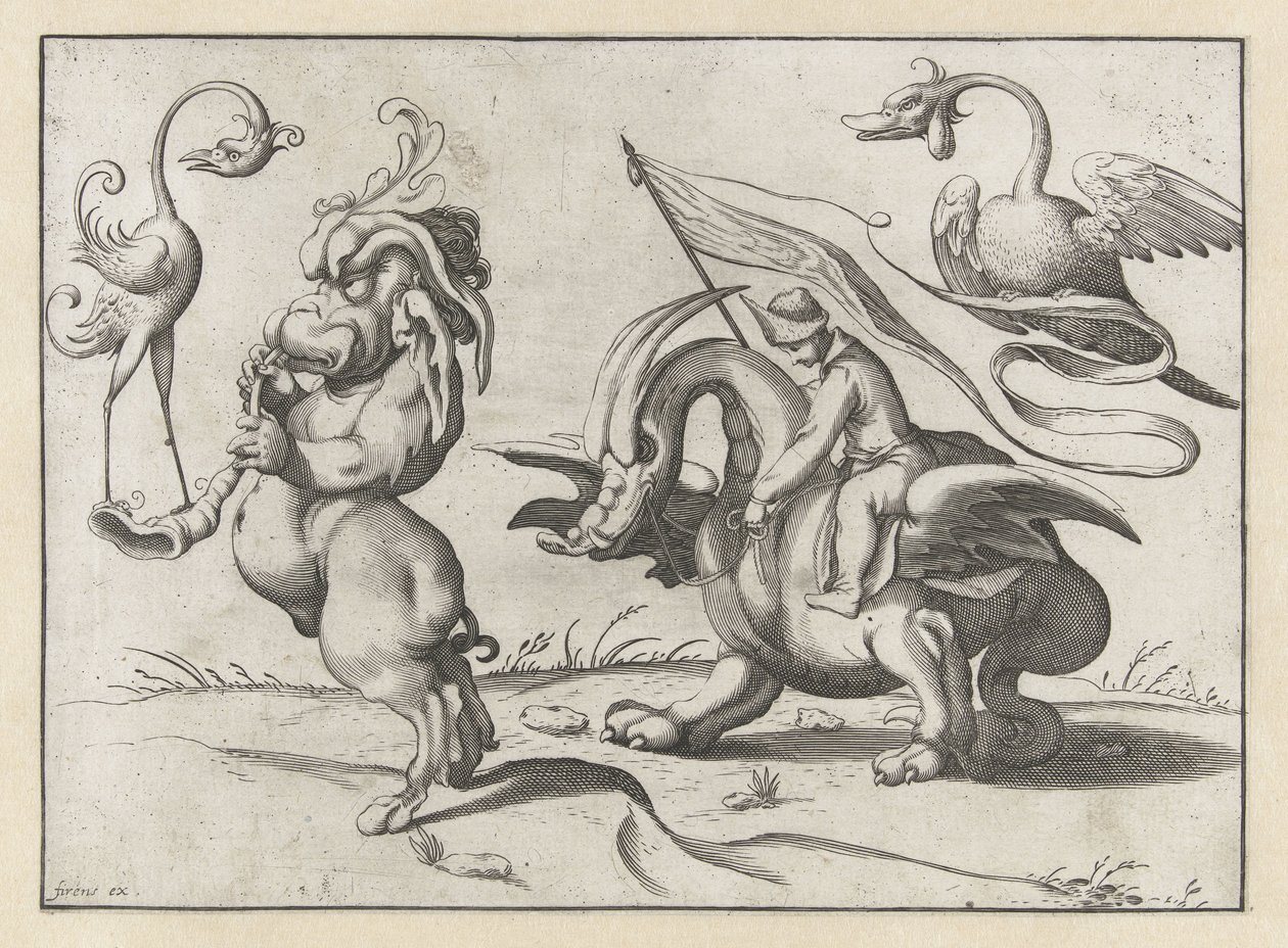Monster mit Trompete und einer Art Kranich (Groteske Figuren umgeben von einer Rahmenlinie) von Anonymous