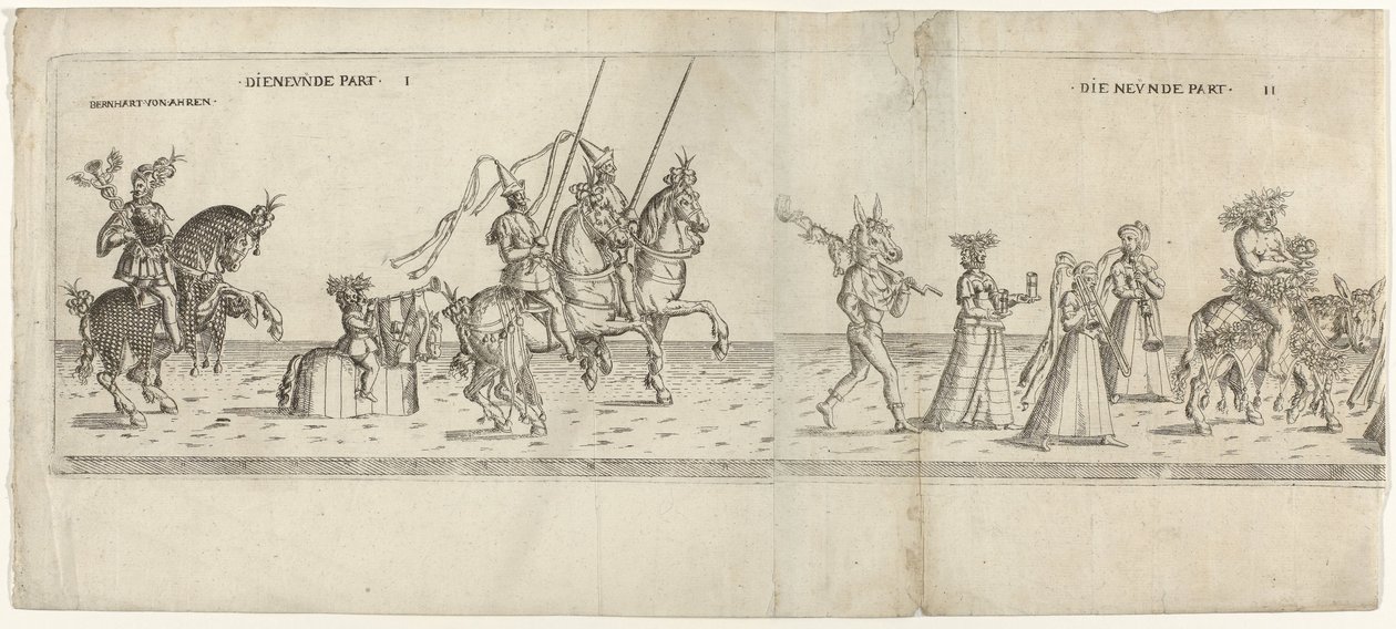Parade mit verkleideten Figuren, darunter Reiter Bernhart von Ahren, ein Esel mit einem Spieß, Janus, Bacchus auf einem Esel und zwei Musikanten von Anonymous