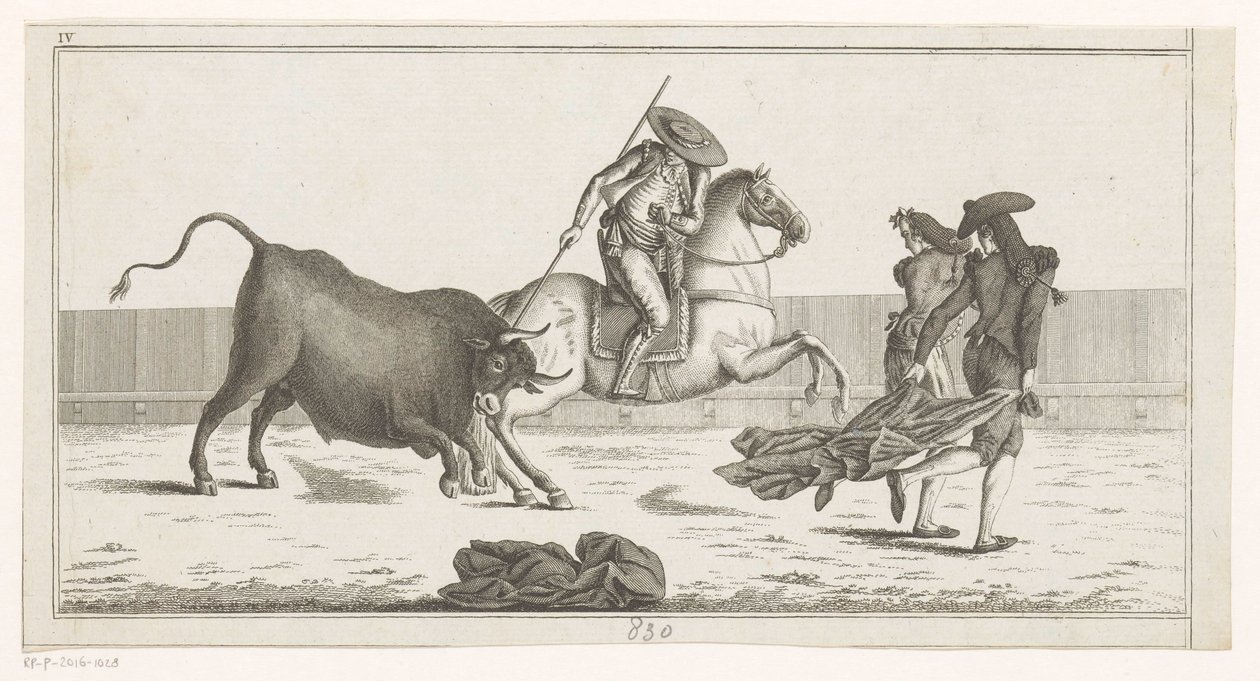 Picador sticht seine Lanze in einen Stier Coleccion de las principales suertes de una corrida de toros (Serientitel auf Objekt) Sammlung der wichtigsten Manöver beim Stierkampf (Serientitel) von Anonymous