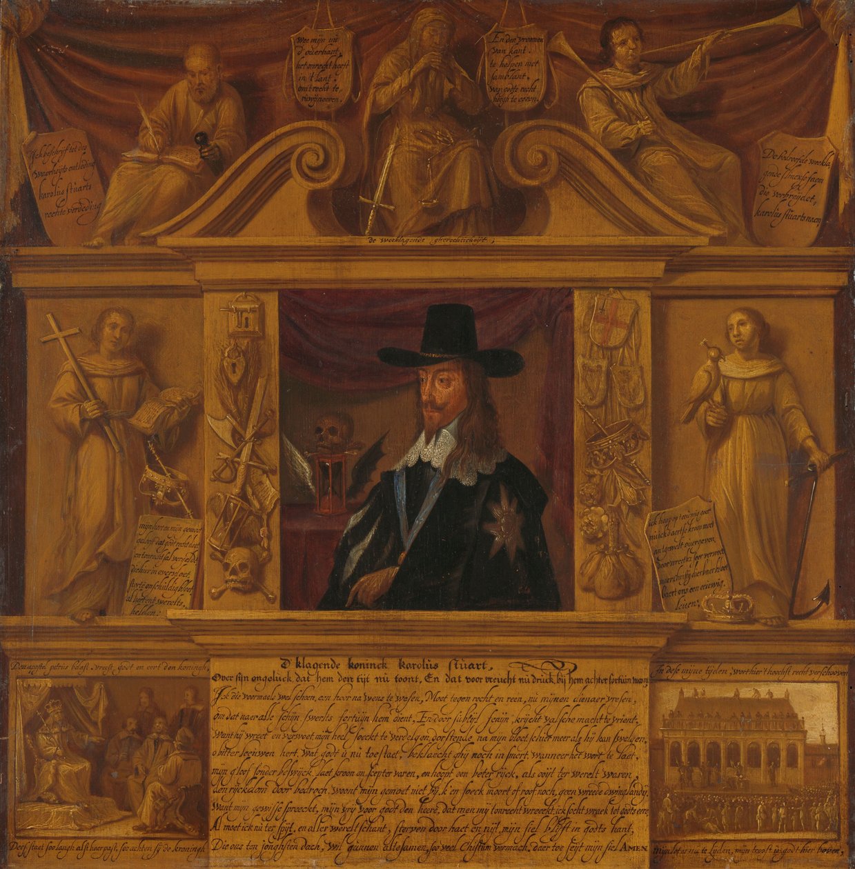 Porträt von Karl I., König von England, in einem Rahmen mit allegorischen Figuren und historischen Darstellungen von Anonymous