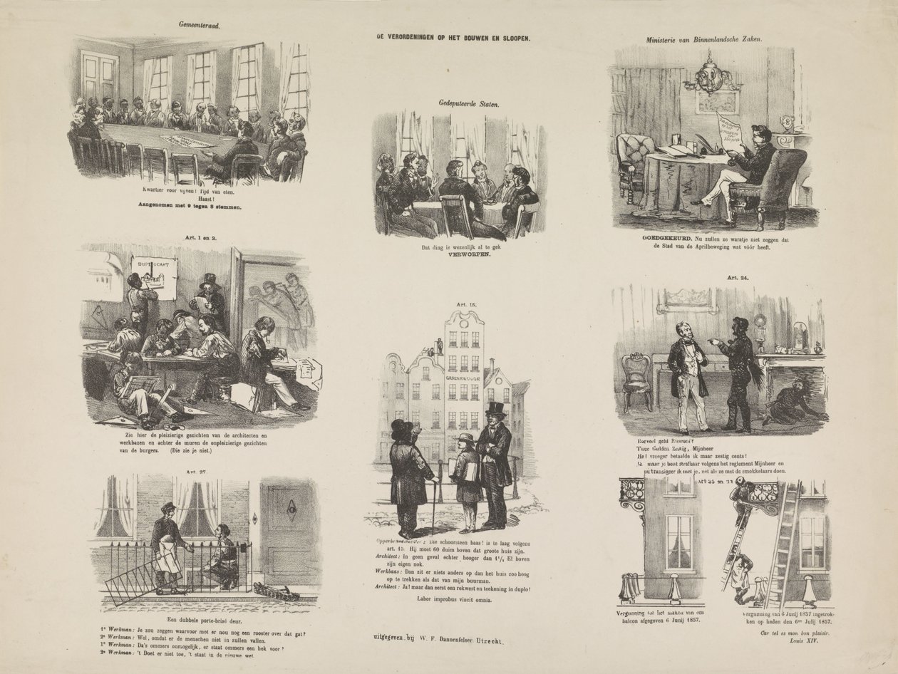 Karikatur zu einer Verordnung in Utrecht über das Bauen und Abreißen, 1857 von Anonymous