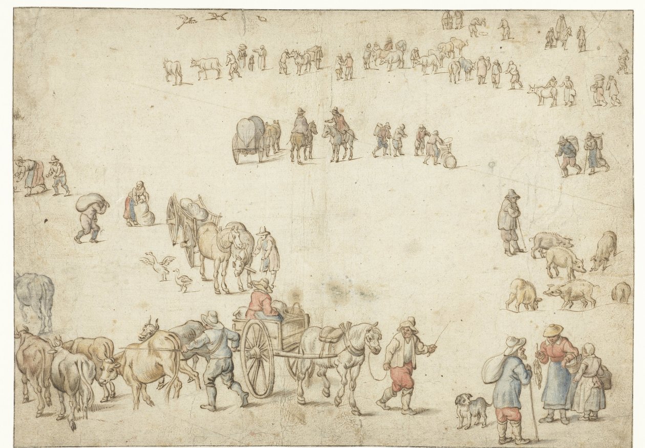 Studienblatt mit Bauernwagen, Vieh, Landbewohnern und Reitern von Anonymous