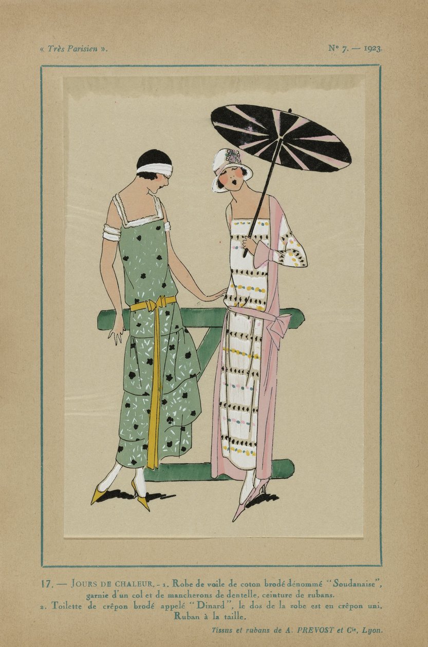 Très Parisien, 1923, Nr. 7: 17.- JOURS DE CHALEUR. - 1. Kleid aus Baumwollvoile... von Anonymous