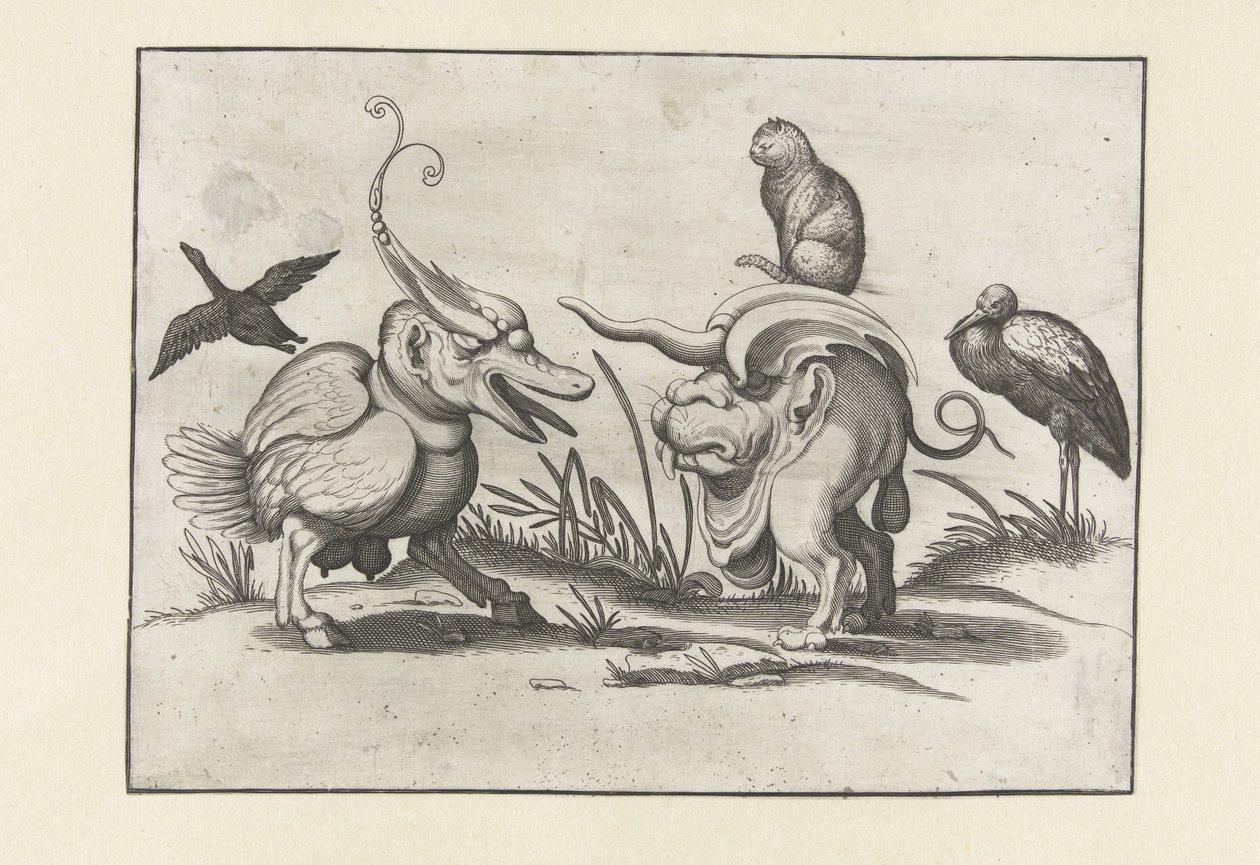 Zwei Monster mit Katze, Gans und Storch von Anonymous