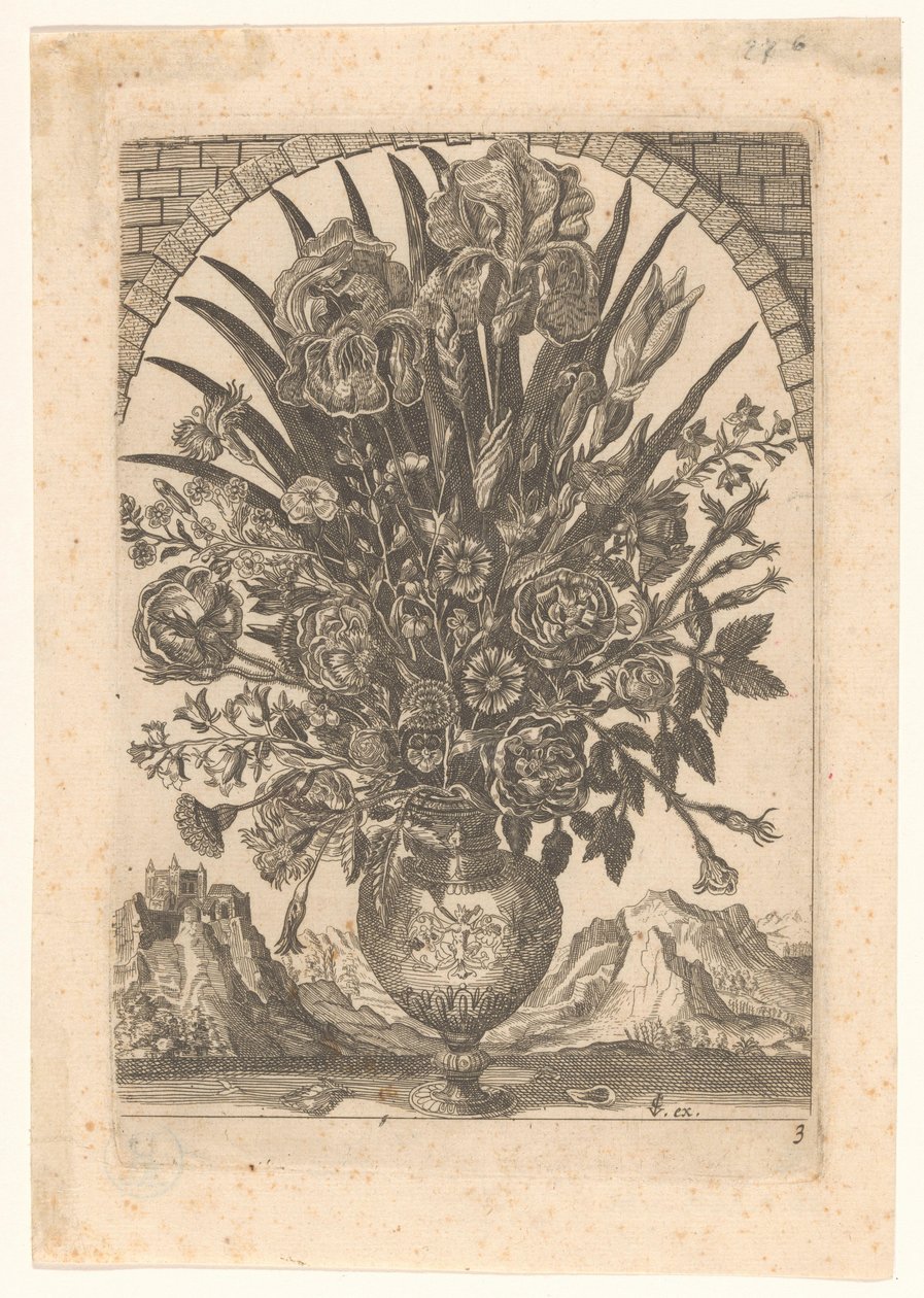 Vase mit Blumen und Berglandschaft von Anonymous