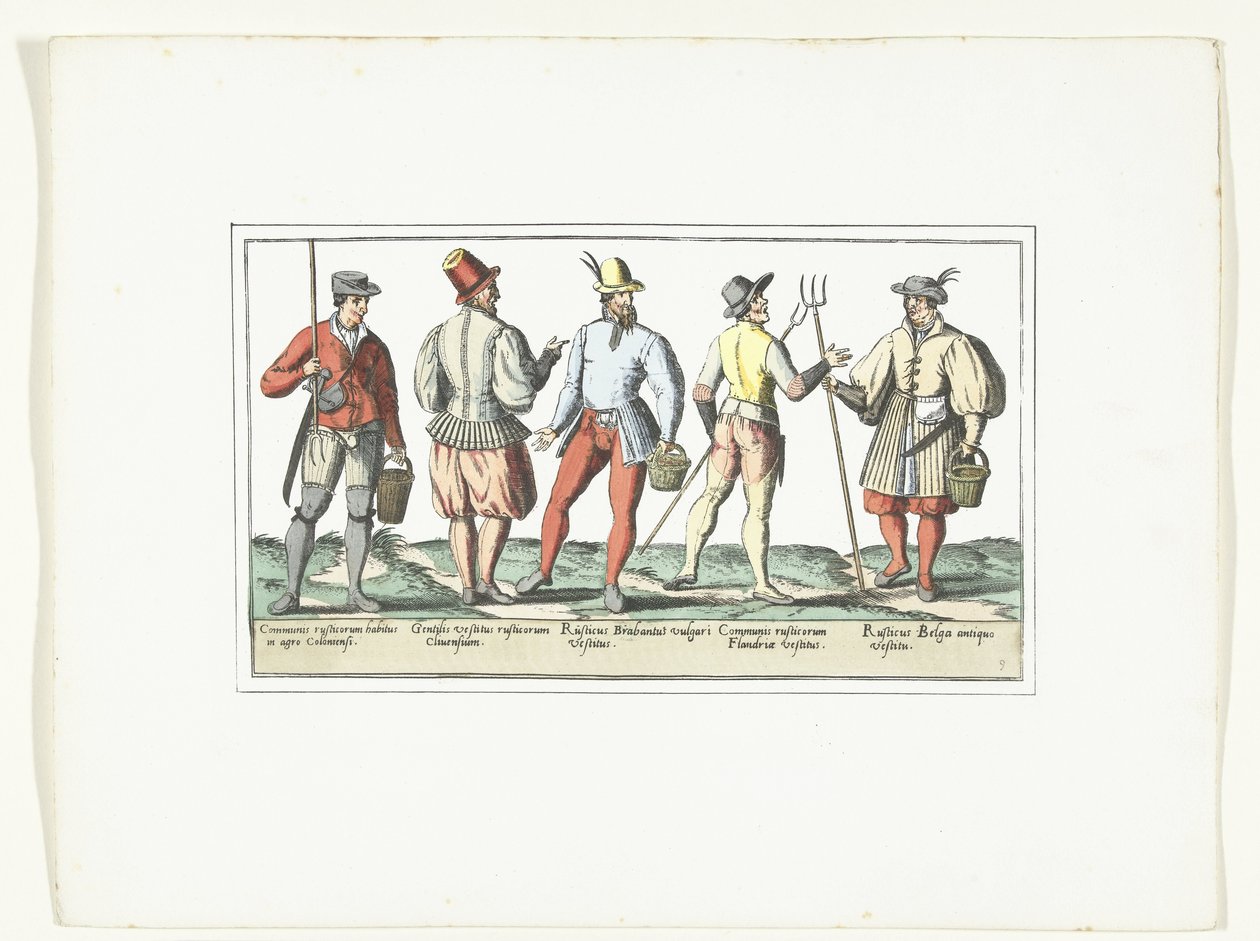 Vier Bauern in aktueller Mode und einer in alter Mode, ca. 1580 (Modes rustiques) von Anonymous
