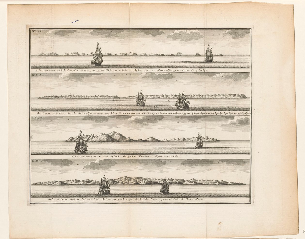 Vier Inseln (Aldus vertoonen sich die Eylanden Marken, als gy die West von u hebt 2 Mylen, door le Maire alsoo genaemt om de gelykhyt / De Groene Eylanden, door le Maire alsoo genaemt, om dat ze Groen en Schoon waeren, zy vertoonen sich aldus, als gy het) von Anonymous