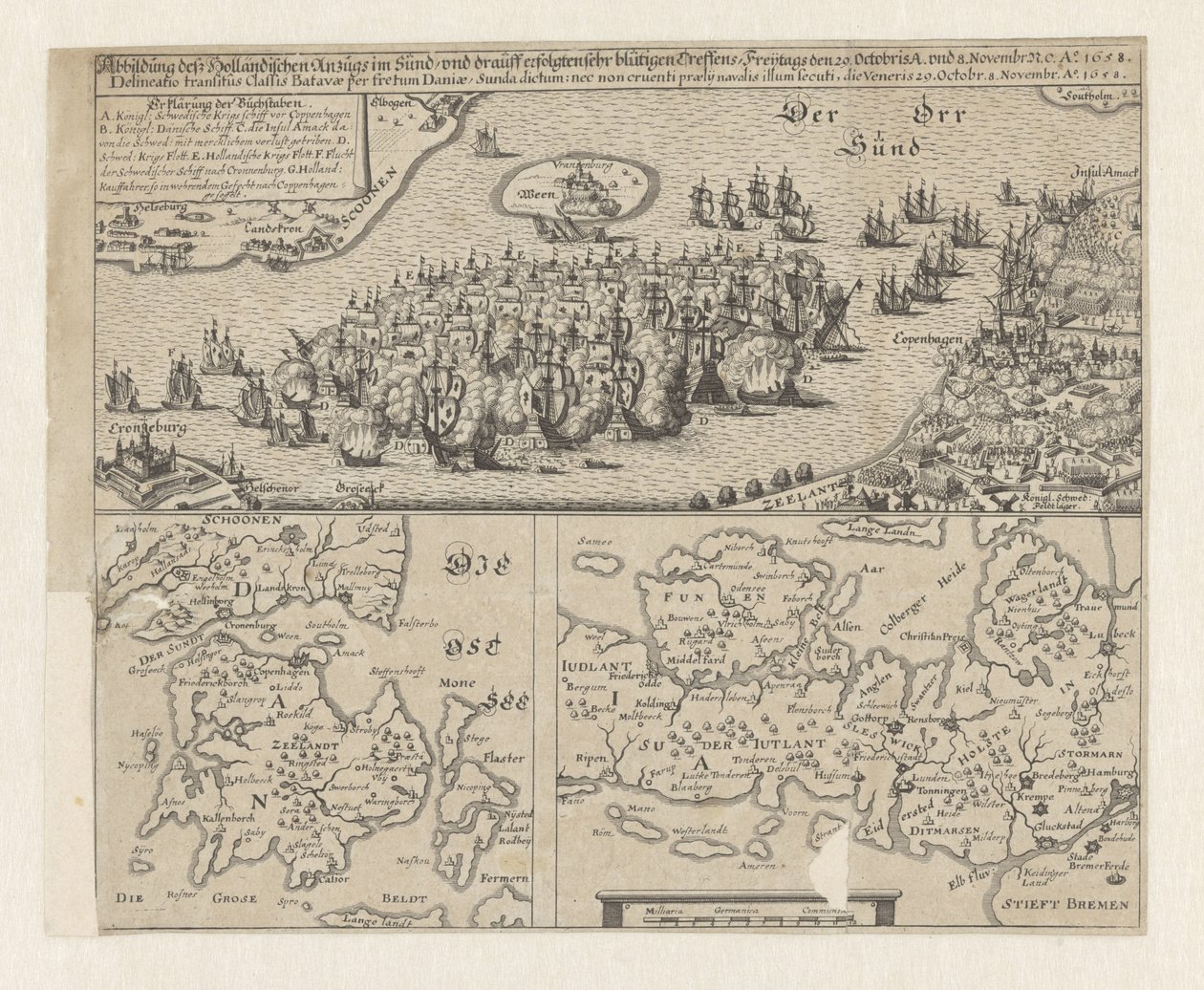 Seeschlacht in der Sont, 1658, Abbildung dess Holländischen Anzugs im Sündt / und drauff erfolgten sehr blütigen Treffens, Freitags den 29. Octobris A. und 8 Novembr. ... Ao. 1658 (Titel auf dem Objekt) von Anonymous