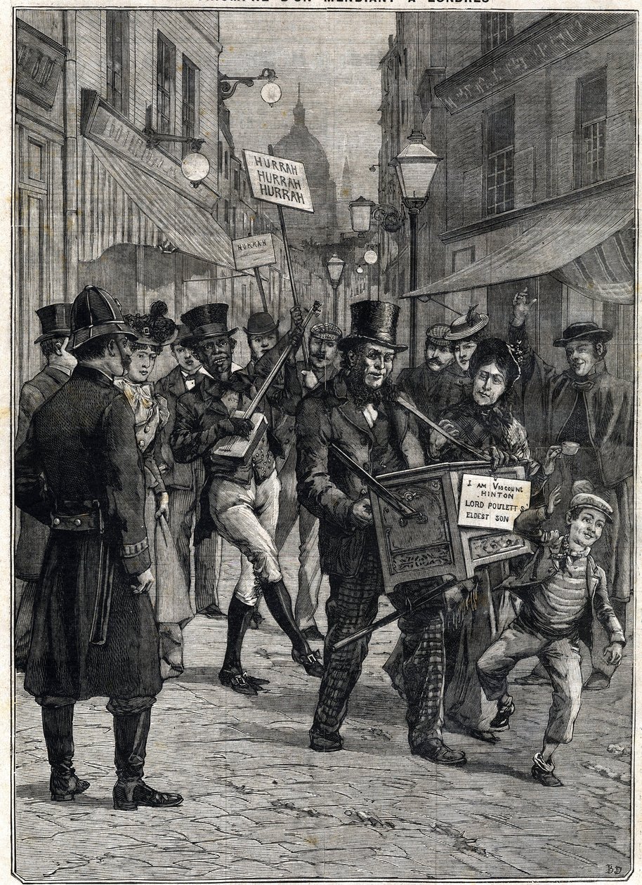 Ein Bettler namens Viscount Hinton, ein barbarischer Orgelspieler in den Straßen Londons, wurde nach dem Tod seines Vaters Lord Poulett Millionär, der ihm sein Vermögen vermachte. Gravur. In „Le Petite Parisien“, am 12.02.1899. Private Sammlung von Anonymous Anonymous
