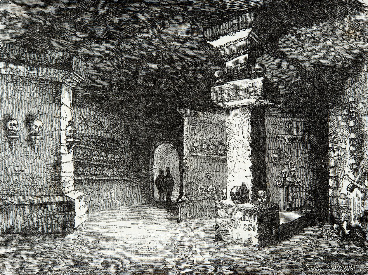 Eine Galerie der Katakomben in Paris im 19. Jahrhundert. Gravur. Private Sammlung von Anonymous Anonymous