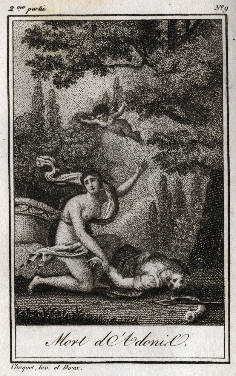 Der Tod des Adonis. Gravur von 1819 in „Lettres a Emilie sur la mythologie“ von Charles Albert Demoustier (1760-1801). Private Sammlung von Anonymous Anonymous