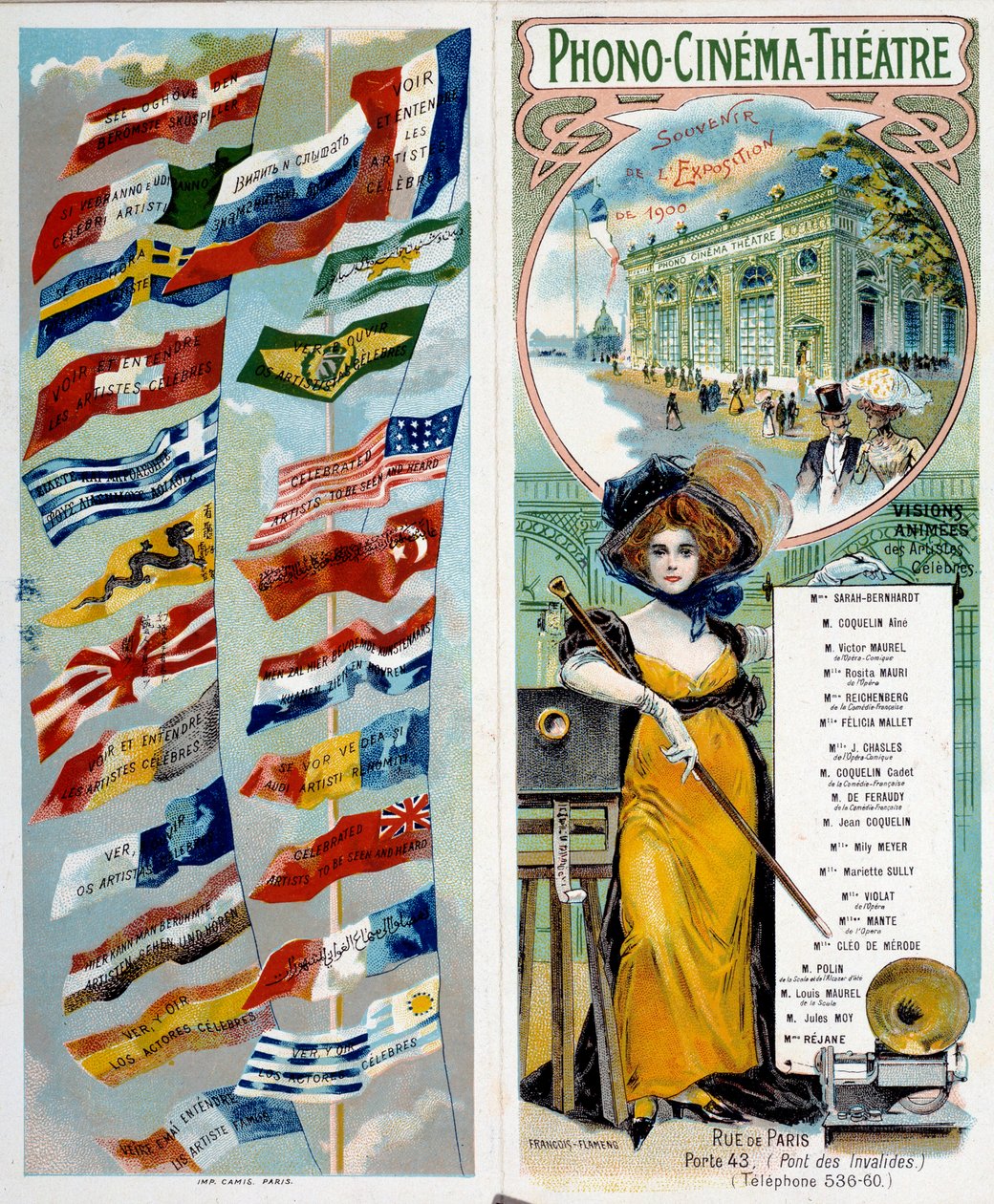 Werbung: Phono - Kino - Theater: berühmte Künstler sehen und hören. Chromolithographie veröffentlicht auf der Weltausstellung 1900 mit den Flaggen verschiedener Länder. Paris, Musée Carnavalet - Plakatwerbung „Phono - Kino - Theater: berühmte Künstler sehe von Anonymous Anonymous