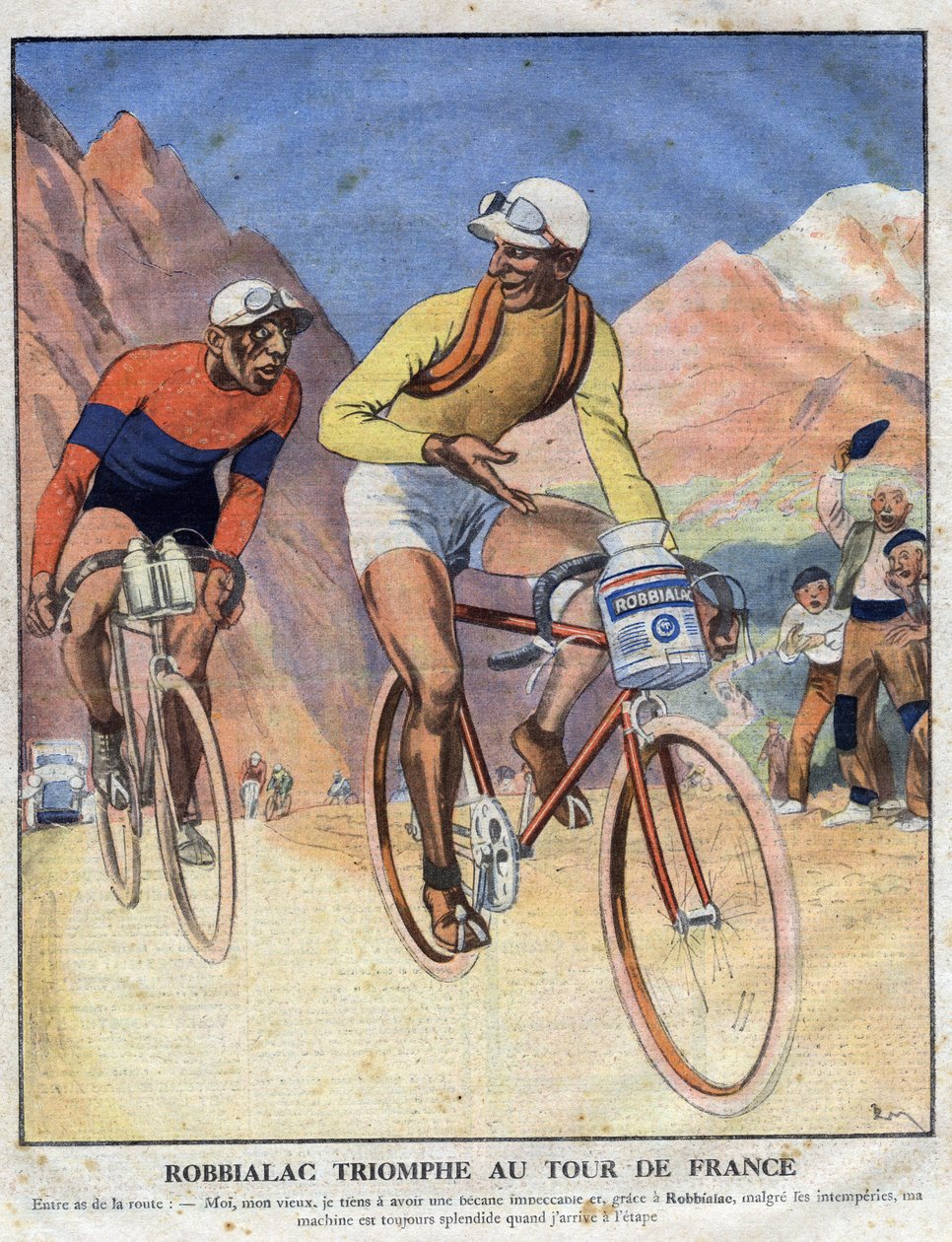 Werbung für die Farbe Robbialac: „Robbialac triumphiert bei der Tour de France“. Ein Radfahrer preist die Vorzüge der Robbialac-Farbe für sein Fahrrad. Gravur. Eine der „Die kleine Zeitschrift illustriert“ von Anonymous Anonymous
