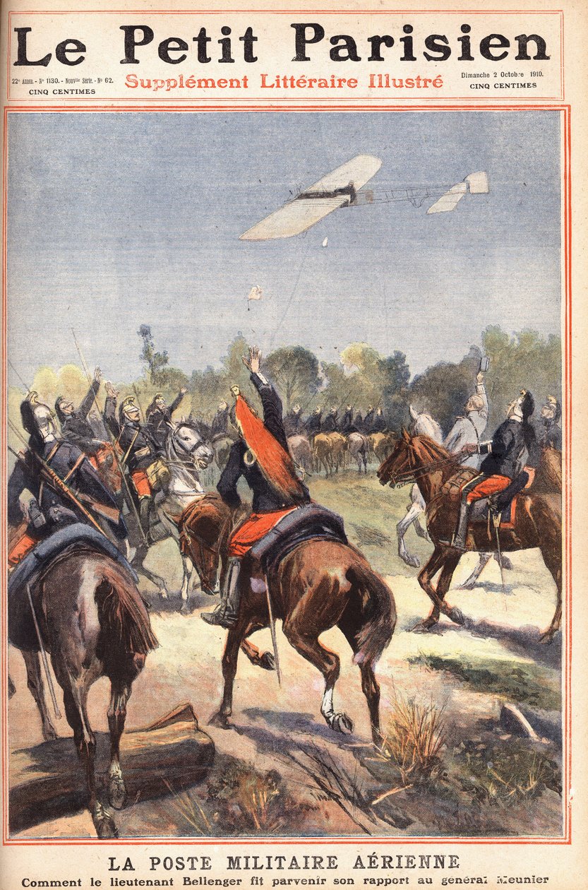 Luftmilitärpost: wie Leutnant Georges Bellenger (1878-1977) seinen Bericht an General Meunier sendete. In der Zeitung „Le Petit Parisien“ am 02.10.1910 (Gravur) von Anonymous Anonymous