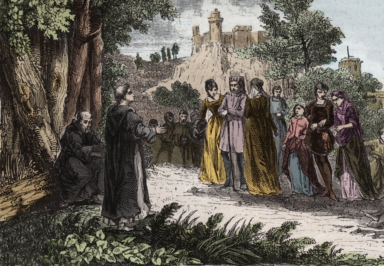 Albigenser-Häresie - St. Dominikus predigt den Albigensern - Gravur von 1846 in Lives of the Saints. Private Sammlung von Anonymous Anonymous