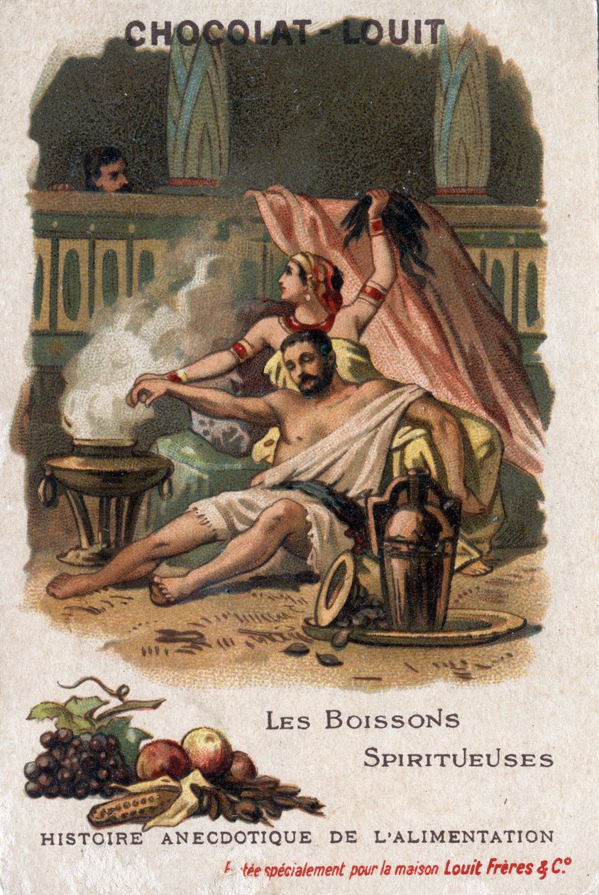 Anekdotische Geschichte des Essens: Spirituosen (fermentierte Getränke). Samson lässt sich unter dem Einfluss von Dalilas Likören die Haare schneiden und verliert seine Kraft. Schokoladen-Louit-Chromolithographie, Ende des 19. Jahrhunderts. Private Sammlun von Anonymous Anonymous