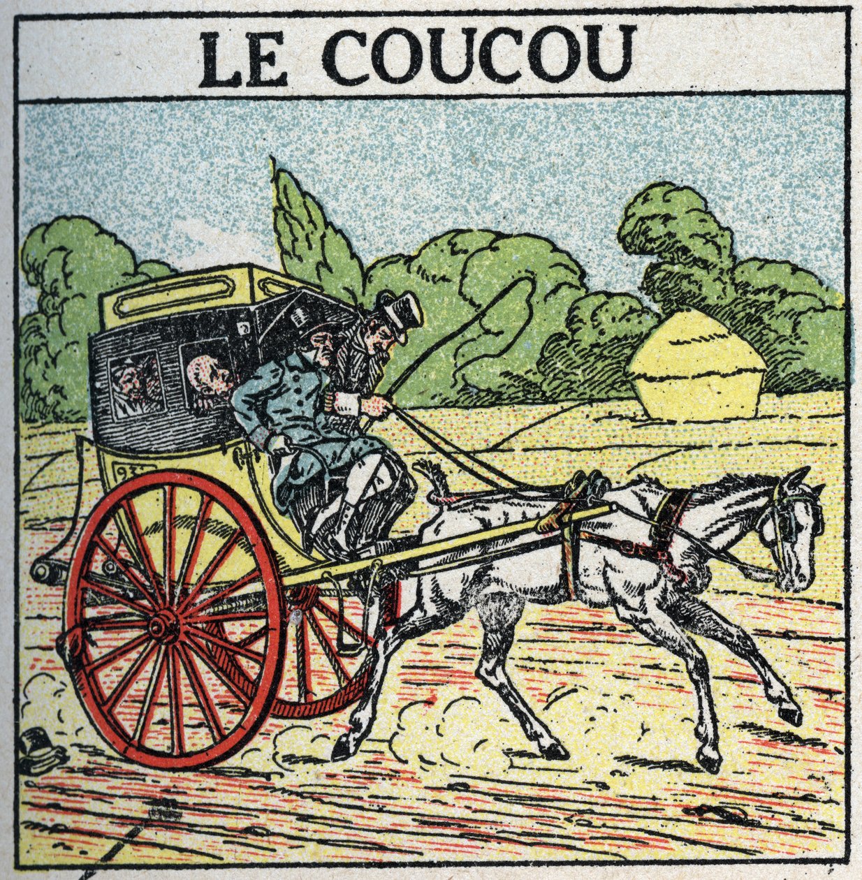 Tierische Traktion: Kuckuck, öffentliches Verkehrsmittel in Frankreich vom mittleren 18. Jahrhundert bis zum mittleren 19. Jahrhundert, auch „Nachttopf“ genannt. Anonyme Illustration von 1925. Private Sammlung. von Anonymous Anonymous