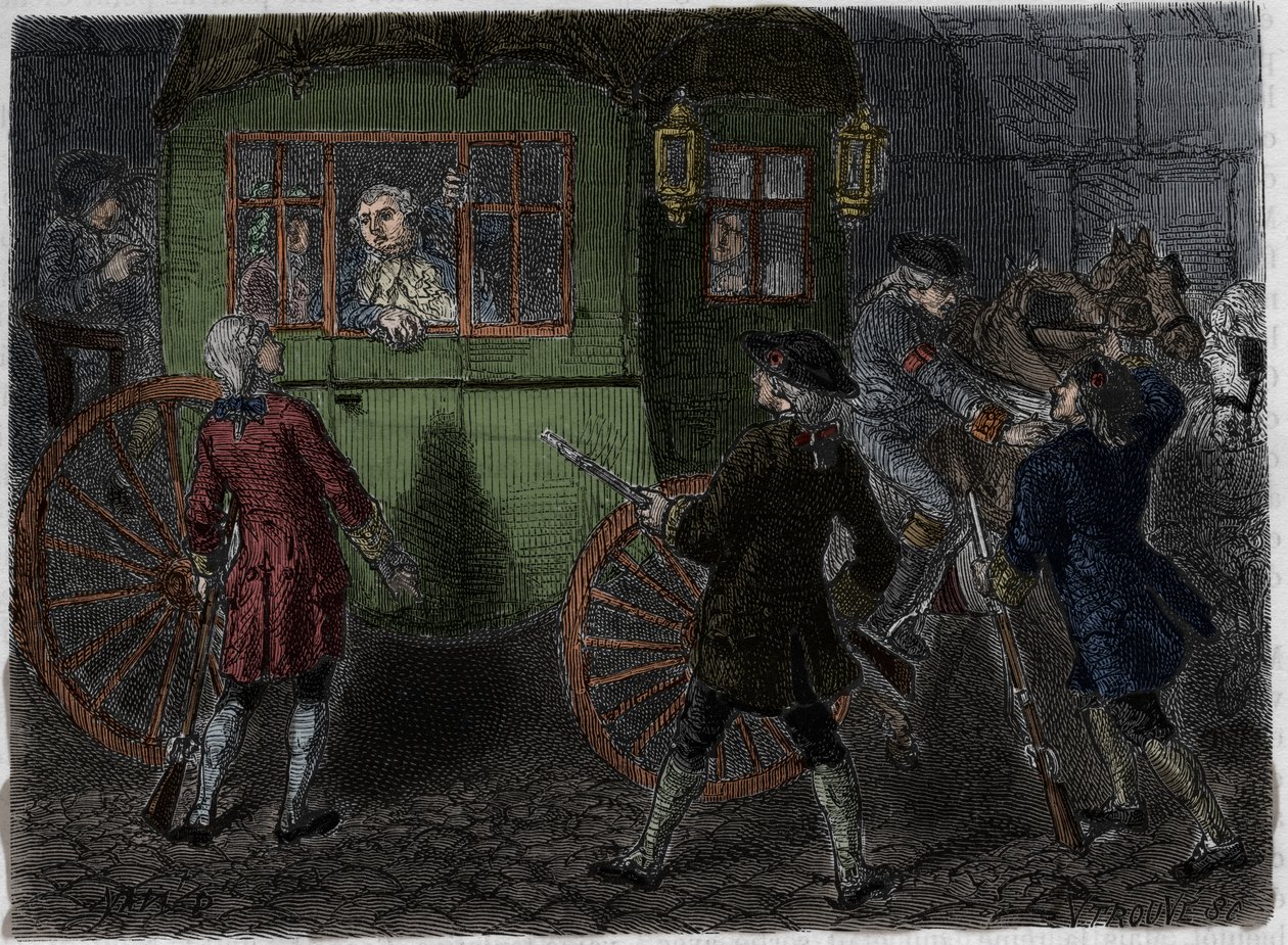 Verhaftung von Ludwig XVI. (1754-1793) und seiner fliehenden Familie in Varennes am 21. Juni 1791. Gravur aus 1866 in „Histoire de la Revolution francaise“ von Adolphe Thiers. von Anonymous Anonymous
