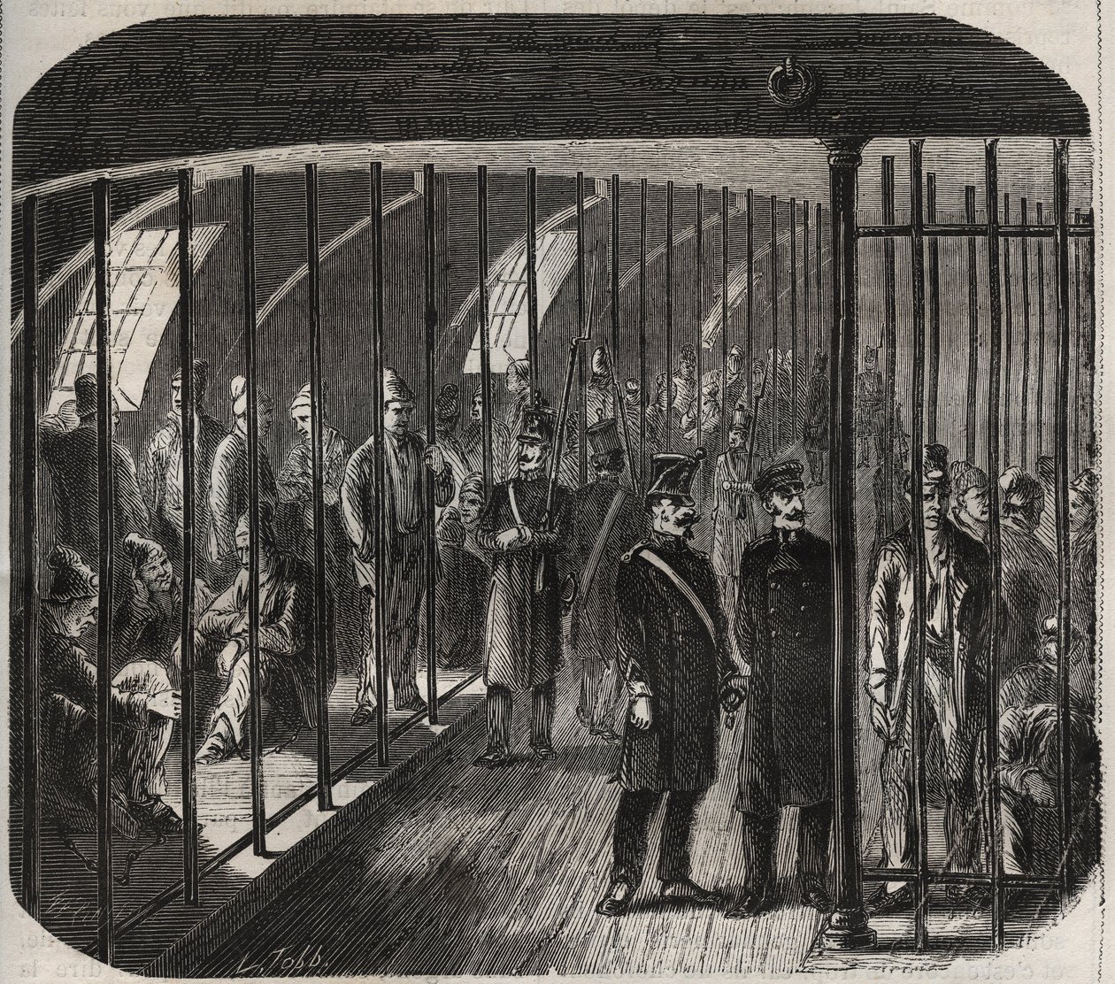 Ankunft der Truppen während des Konvois von Toulon nach Cayenne (Guyana) gemäß dem Dekret vom 8. Dezember 1851. Gravur in „Histoire des bagnes depuis leur création à nos jours“ (1877) von Pierre Zaccone (1817-1895) von Anonymous Anonymous