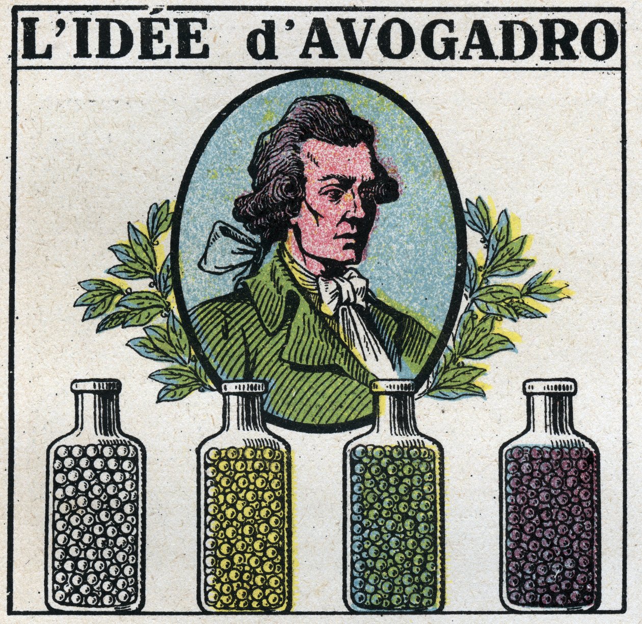 Atome: Die Idee von Amedeo Avogadro. Anonyme Illustration von 1925. Private Sammlung. von Anonymous Anonymous