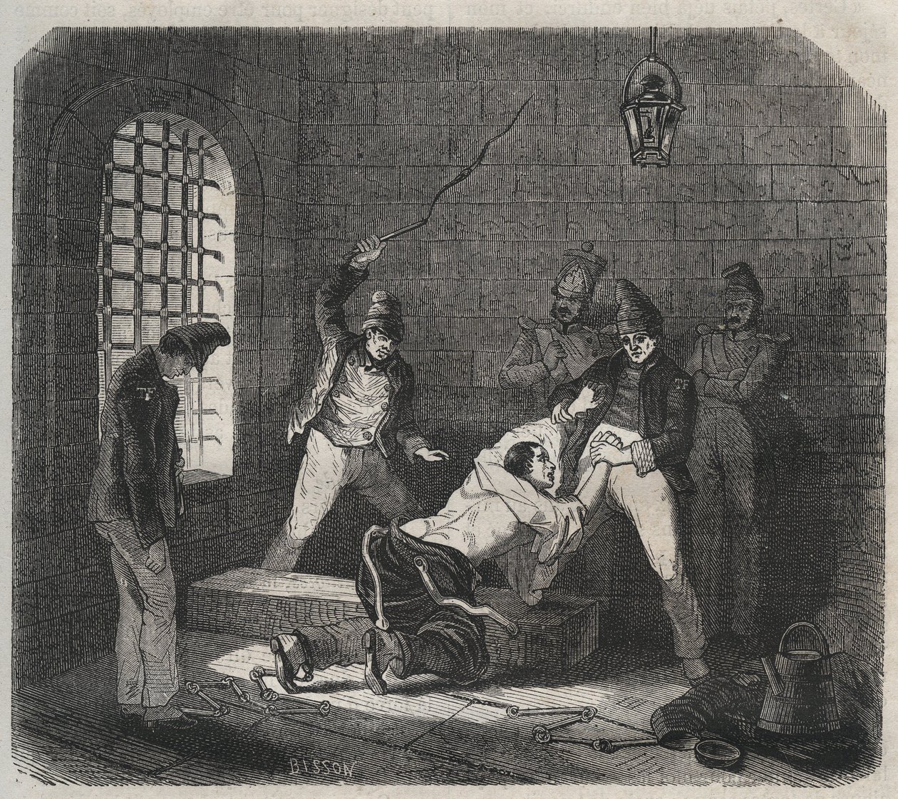 Bagne von Brest: Prügelstrafe. Gravur in „Histoire des bagnes depuis leur création à nos jours“ (1877) von Pierre Zaccone (1817-1895). Private Sammlung von Anonymous Anonymous