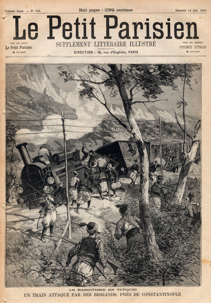 Banditentum in der Türkei, ein Zug wird in der Nähe von Konstantinopel von Räubern überfallen. Gravur in „Le petit Parisien“ von 1891. Private Sammlung. von Anonymous Anonymous