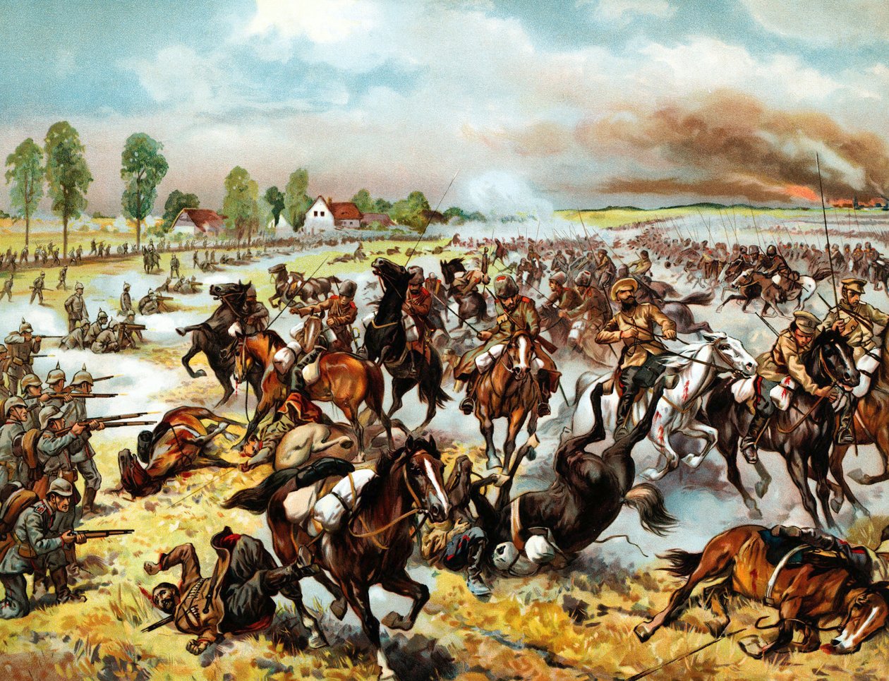 Schlacht von Tannenberg (heutiges Stebark, Polen) (1914) - zwischen der 8. deutschen Armee und der 1. und 2. russischen Armee - Anonym - 1914 - Farblithographie - 32,6x41,8 - Privatsammlung von Anonymous Anonymous