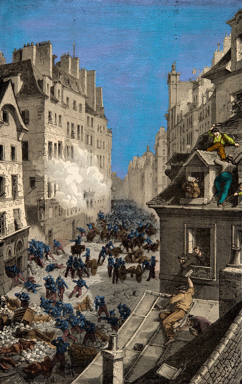 Schlacht an der Barrikade der Rue Saint Antoine im Jahr 1830. Gravur. Private Sammlung von Anonymous Anonymous