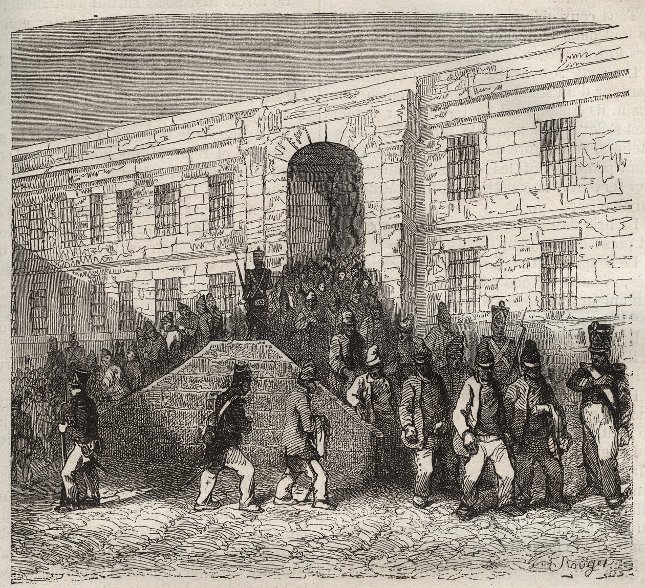 Bagne von Brest im 19. Jahrhundert. Gravur in „Histoire des bagnes depuis leur création à nos jours“ (1877) von Pierre Zaccone (1817-1895). Private Sammlung von Anonymous Anonymous
