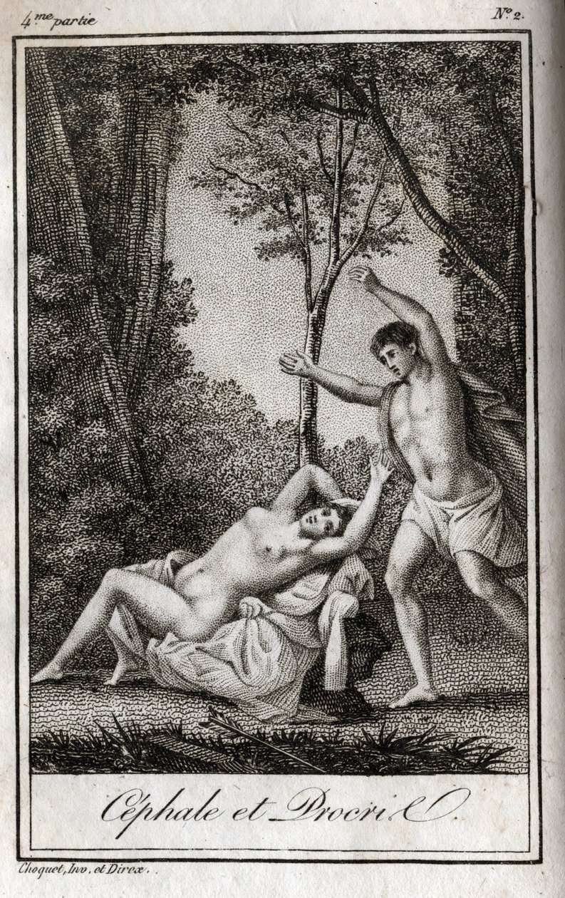 Cephale und Procris, Liebespaar. Gravur von 1819 in „Lettres à Emilie sur la mythologie“ von Charles Albert Demoustier (1760-1801). Private Sammlung. von Anonymous Anonymous