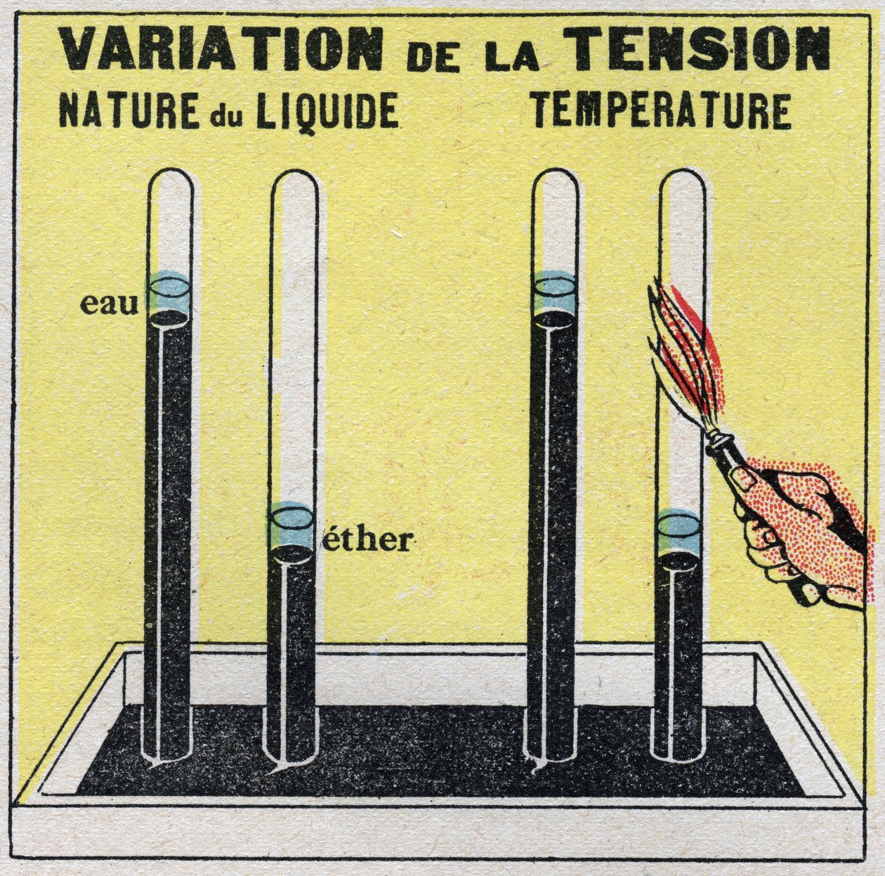 Zustandsänderungen: Dämpfe. Spannungsvariation je nach Art der Flüssigkeit oder Temperatur. Anonyme Illustration von 1925. Private Sammlung. von Anonymous Anonymous