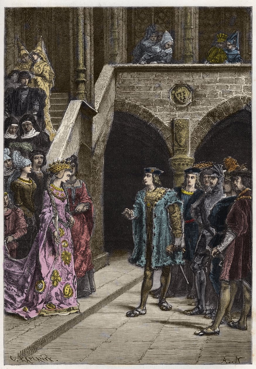 Karl VIII. und Anne de Bretagne - Treffen zwischen König Karl VIII. (1470-98) und Königin Anne von Bretagne - Gravur aus „L