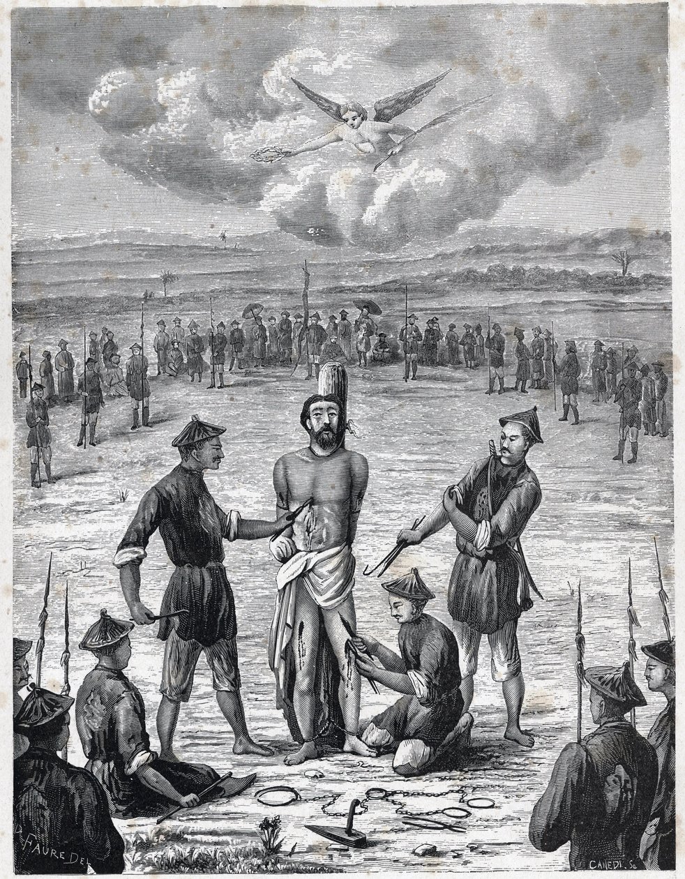Christenverfolgung: Der französische Missionar Joseph Marchand erlitt die „Qual der hundert Wunden“ in Cochinchina am 30. November 1835. Gravur in „Les Missions Catholiques au XIXème Siècle“ von Louis-Eugène Louvet. Private Sammlung. von Anonymous Anonymous