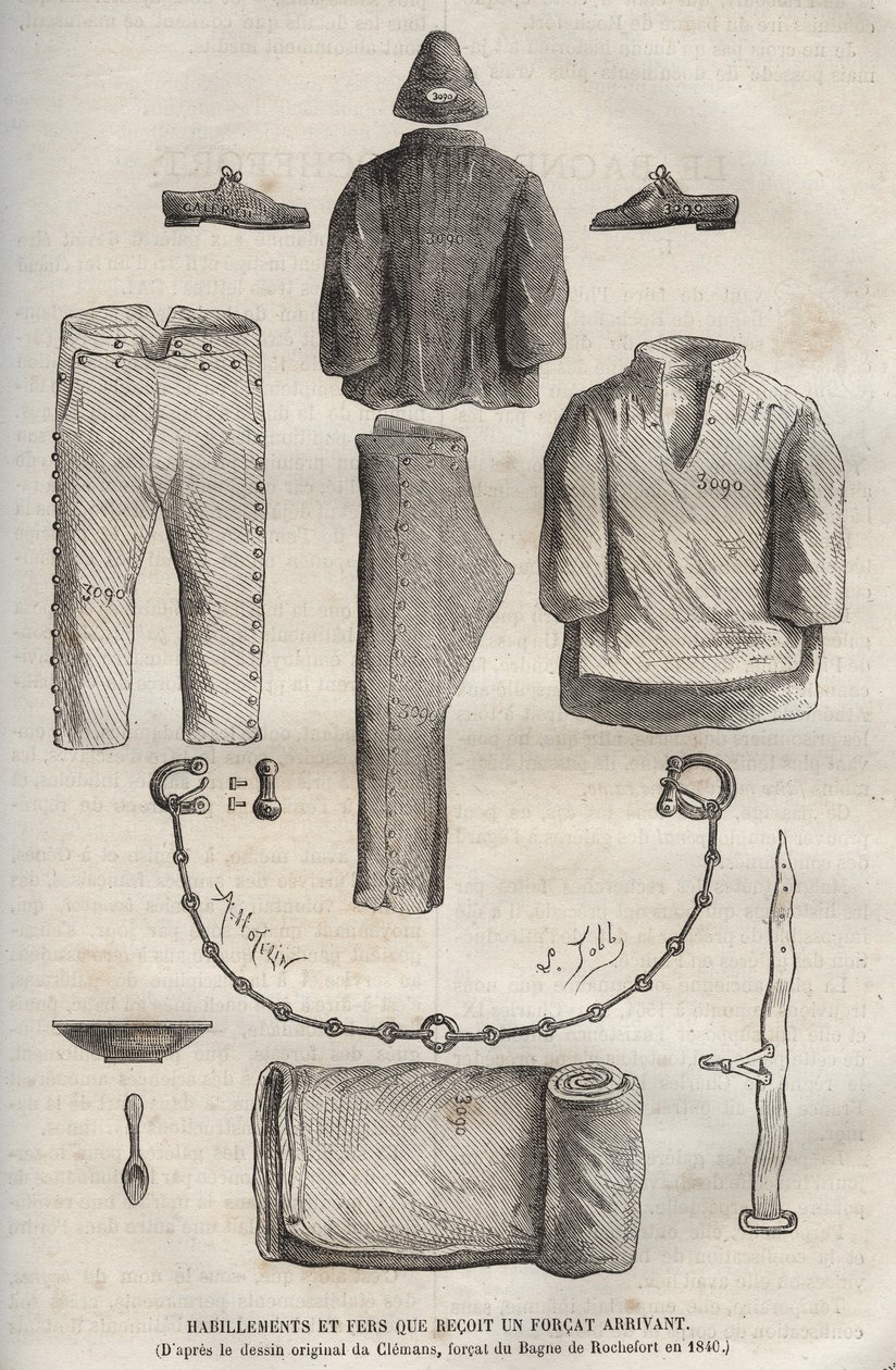 Kleidung und Eisen, die ein Forcat im Rochefort-Bagne im 19. Jahrhundert erhält (nach der Originalzeichnung von Clemans, Forcat im Bagne 1840). Gravur in „Histoire des bagnes depuis leur création à nos jours“ (1877) von Pierre Zaccone (1817-1895). von Anonymous Anonymous