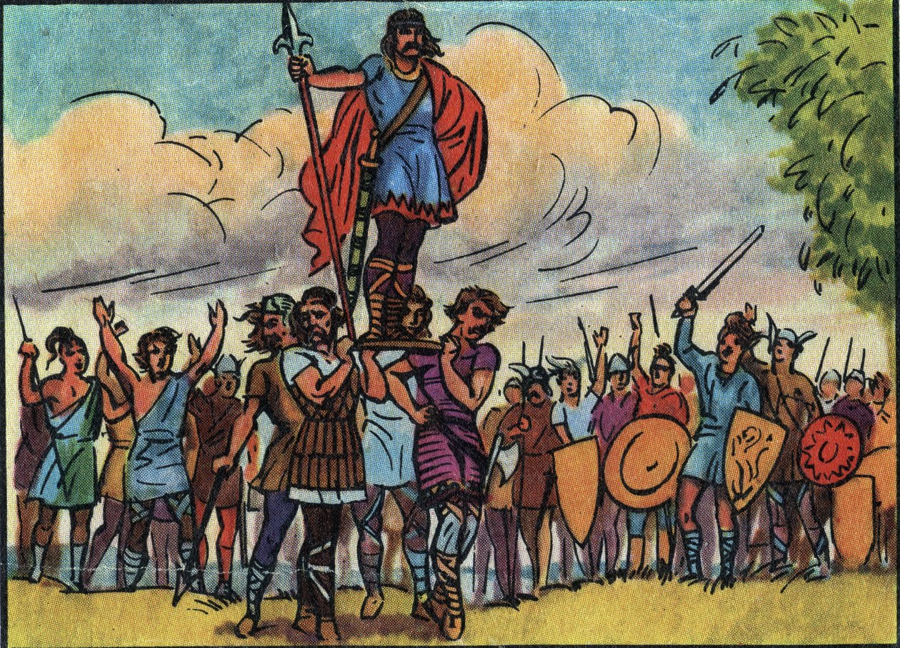 Chlodwig (König der Franken von 481 bis 511) wurde von den Saliern zum König gewählt, die ihn auf dem Schild durch das Lager trugen. Anonyme Illustration in „Collection des souverains et chefs d