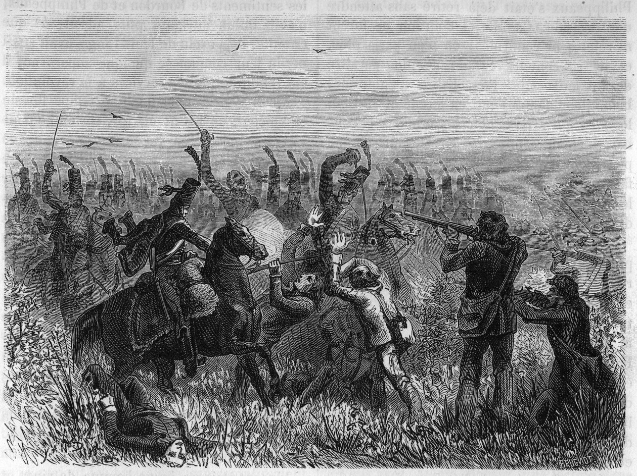 Vollständige Zerstörung der Vendéens: Schlacht von Savenay im Dezember 1793. Gravur von 1866 in „Histoire de la Revolution francaise“ von Adolphe Thiers. Private Sammlung. von Anonymous Anonymous