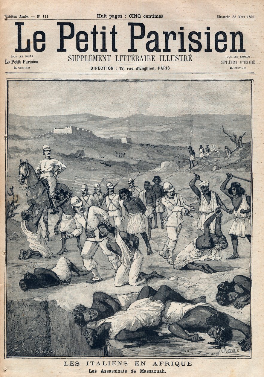 Die Eroberung von Eritrea durch Italien. Die Morde von Massawa (Eritrea). Gravur in „Le petit Parisien“ vom 22.03.1891. Private Sammlung. von Anonymous Anonymous