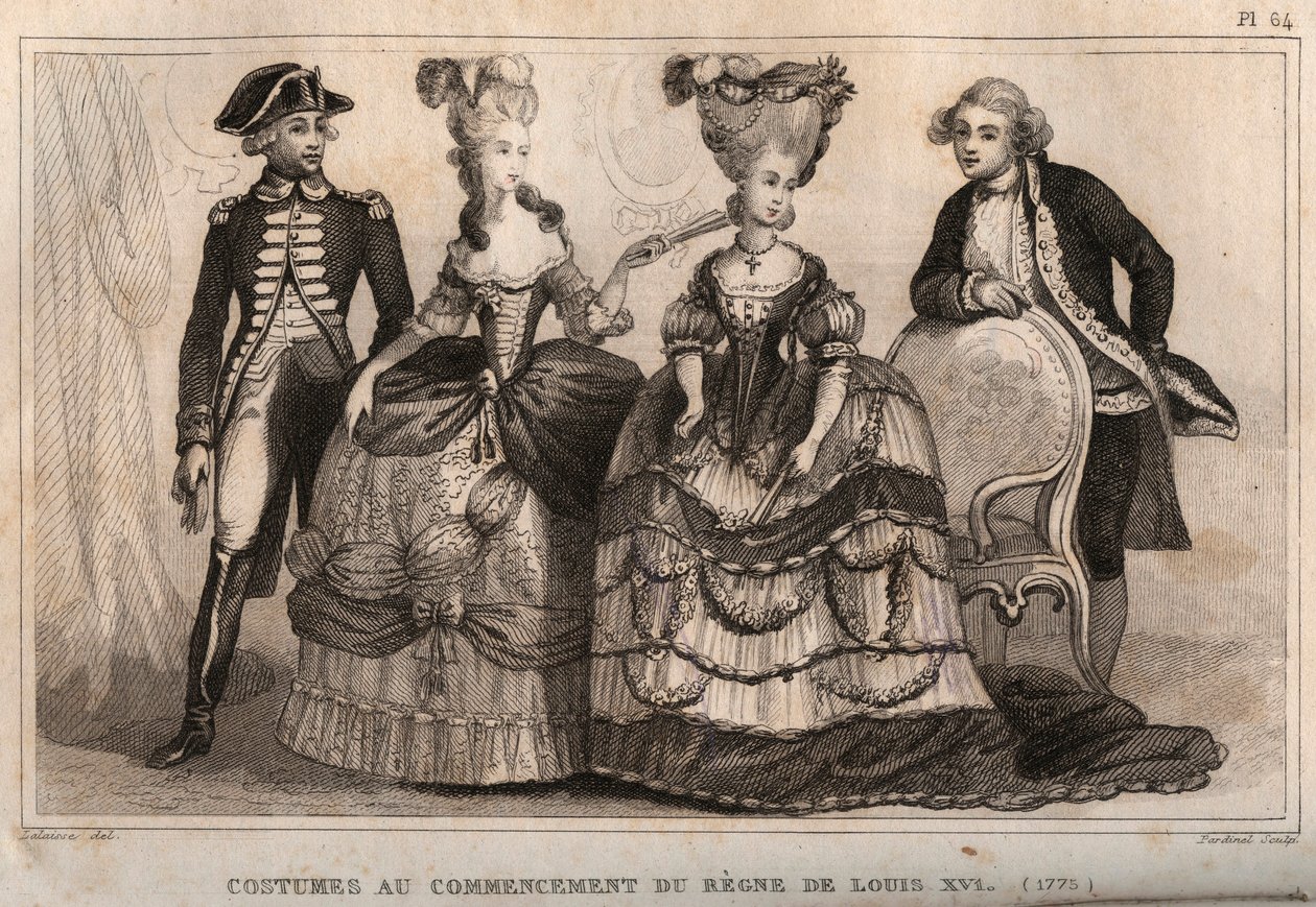 Kostüme zu Beginn der Herrschaft von Ludwig XVI. (1775). Gravur von 1859 in „Le Monde. Geschichte aller Völker von den frühesten Zeiten bis zur Gegenwart“ von M. E. de Lostalot-Bachoue. Private Sammlung von Anonymous Anonymous
