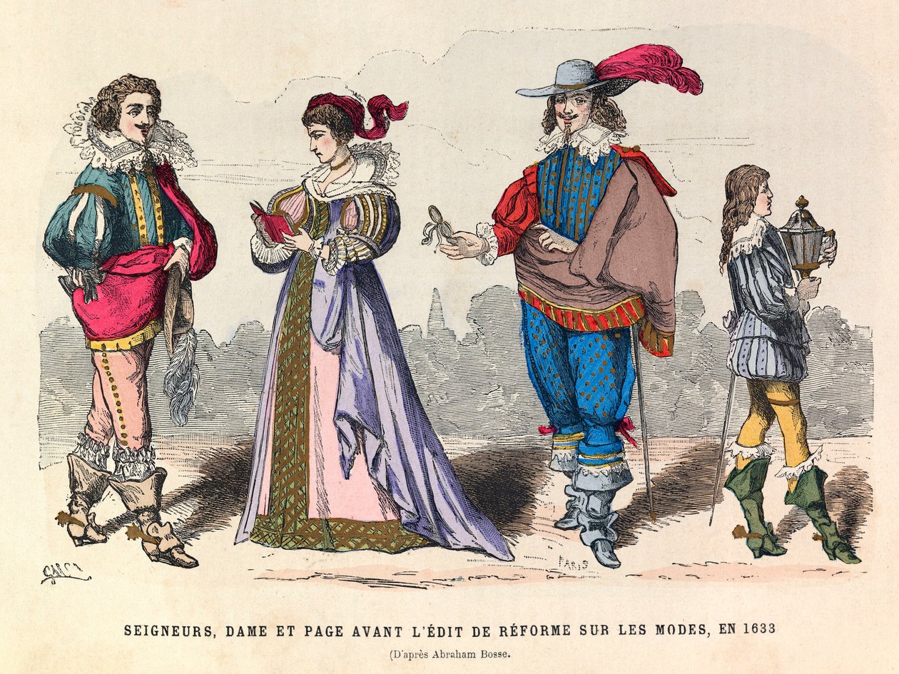 Kostüme von Herren, Dame und Page vor der Mode-Reform in Paris 1633 - Privatsammlung von Anonymous Anonymous